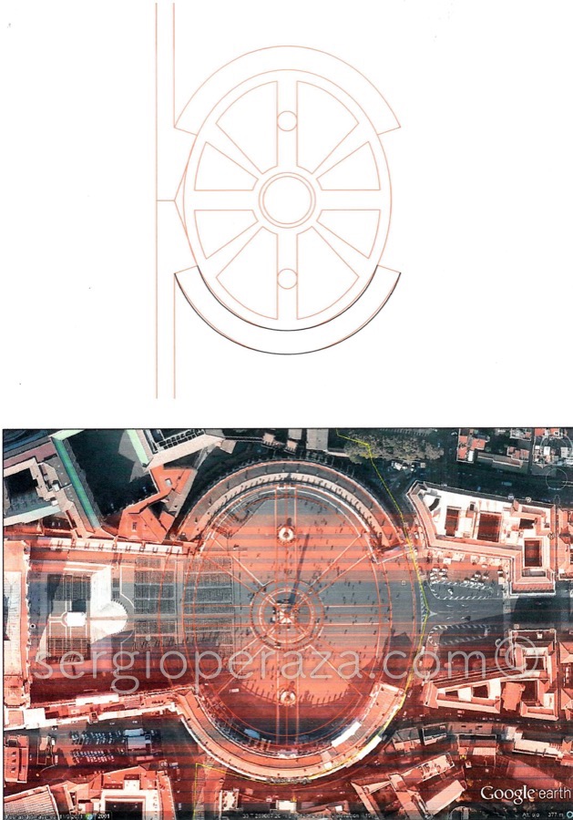 Primer plano comparativo de la Plaza de san Pedro para la Elipse de la Stella Maris